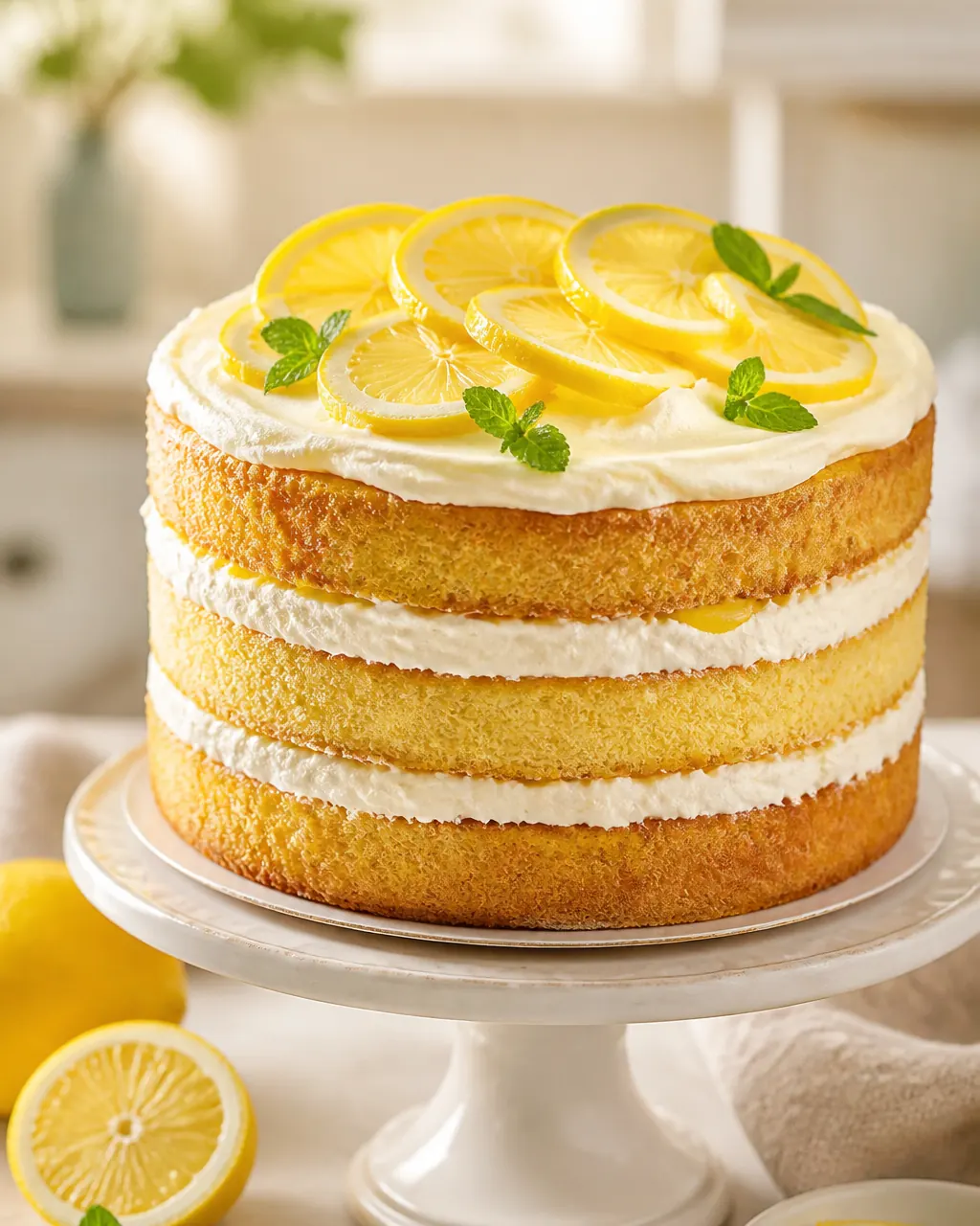 Torta de limón casera decorada, apoyada sobre un stand de pastelería